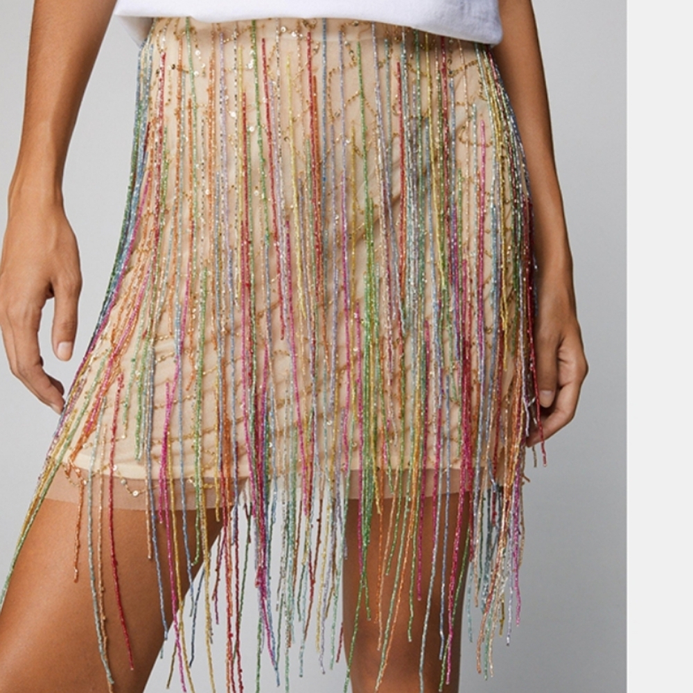Nasty Gal Multicolor Beaded Tassel Mini Skirt